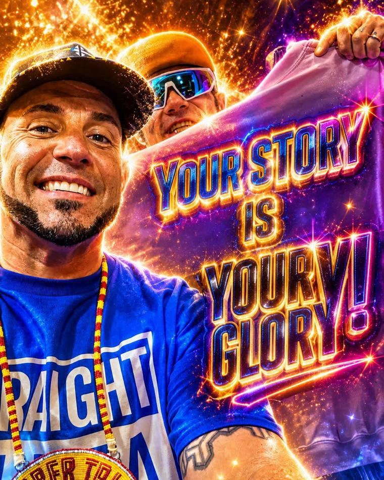 Brandon smiling in a blue shirt and his beaded SoberTalk medallion, with a friend holding up a Your Story Is Your Glory shirt