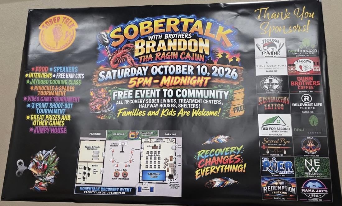 Banner for the SoberTalk free community recovery event on Saturday, October 10, 2026, 5pm to midnight, with the activities, floor plan and sponsor logos