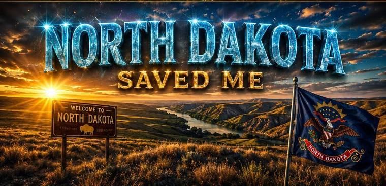 North Dakota saved me: sunrise over the Missouri River with the North Dakota flag
