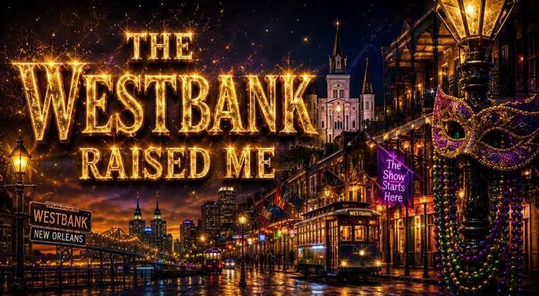 The Westbank raised me: New Orleans at night with a streetcar and Mardi Gras beads